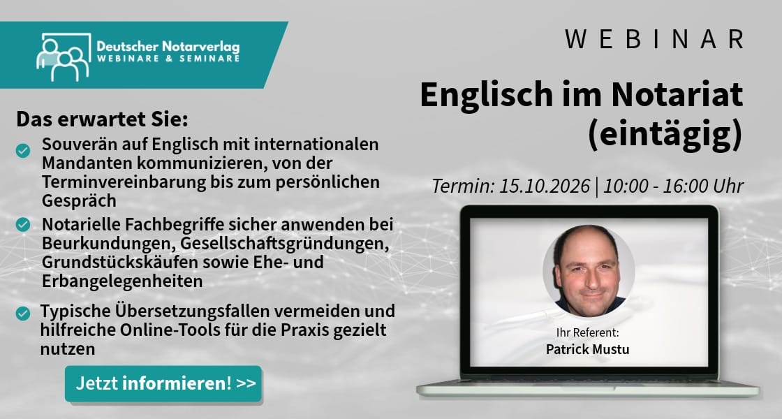 Online-Seminar: Englisch im Notariat (eintägig, 15.10.2026)